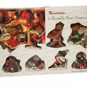 Vintage Traditions Poly Resin Bears Christmas Ornaments Collection Set Of 8